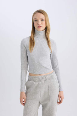 Классная облегающая водолазка в рубчик, базовая однотонная футболка с длинными рукавами - Defacto фото 4