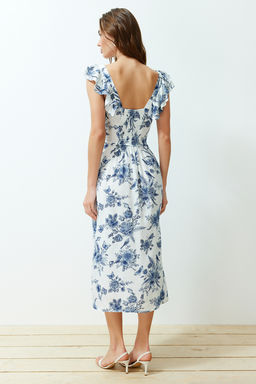 Mavi Cicek Desenli Kare Yaka Viskon Midi Dokuma Elbise TWOSS24EL00309 - Trendyolmilla фото 6