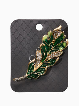 Брошь «Перо» прозрачное, зелёный, белый в золоте