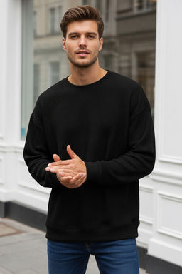 Siyah Waffle Oversize/Genis Kesim Bisiklet Yaka Dokulu Basic Sardonsuz Sweatshirt TMNAW25SW00194