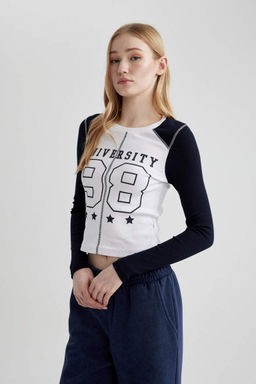 Кружевная футболка с длинными рукавами и круглым вырезом в рубчик с принтом - Defacto фото 7