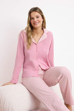Pembe %100 Pamuklu Cizgili Gomlek Yaka Cepli Orme Pijama Tak?m? THMSS26PT00065