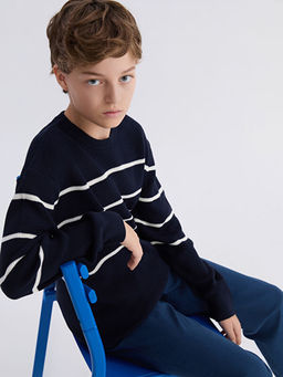 Bisiklet Yaka ?izgili Erkek ?ocuk Triko Kazak