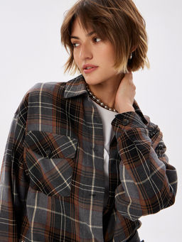 Блузка женская дл. рук. T-lab TL-B-0036F-FR-серо-коричневый, клетка  фото 2