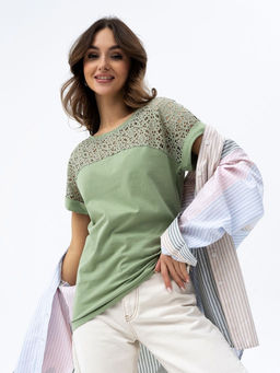 ВИДЕООБЗОР .Футболка с кружевом .арт.180-13,оливковая