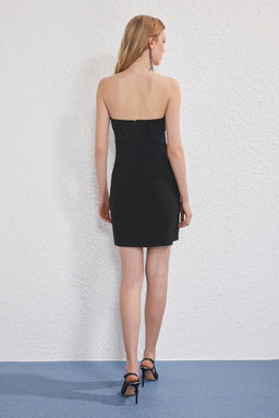 Siyah-Beyaz Bagc?k Detayl? Dokuma Mini Abiye Gece Mezuniyet Elbisesi TPRSS25EL00289