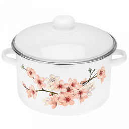 "Сакура" Кастрюля эмалированная 4л, цилиндрическая форма, металлическая крышка, ободок из нержавеющей стали, белый (Россия)