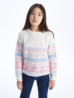 Bisiklet Yaka Desenli Uzun Kollu K?z ?ocuk Triko Kazak