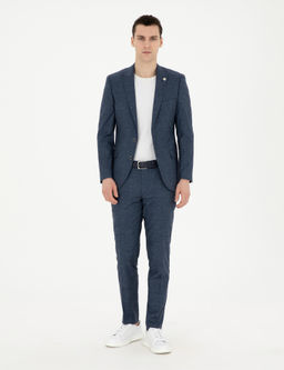Lacivert Ex. Slim Fit Y_n Keten Kar___ml_ Tak_m Elbise