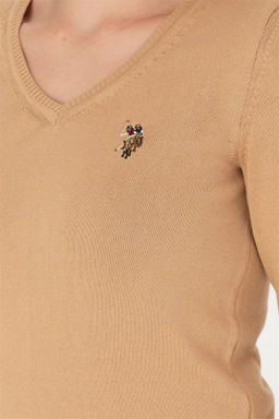 U. S. Polo Assn Женский базовый свитер песочного цвета с v-образным вырезом - U.s. polo assn фото 7