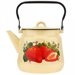 "Клубника садовая" Чайник эмалированный 3,5л, д19см, h18см, металлическая крышка, подвижная металлическая ручка, кремовый (Россия)