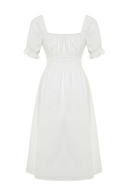 Beyaz Skater/Belden Ac?lan Balon Kollu Astarl? Midi Astarl? Dokuma Elbise TWOSS22EL1768