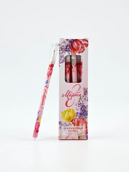 Цена за 12 шт. Ручка пластик с колпачком 8 Марта, синяя паста 0.5 мм