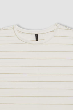 Женская полосатая футболка обычного кроя с круглым вырезом и короткими рукавами - Defacto фото 2