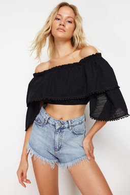 Siyah Crop Dokuma Volanl? Plaj Bluz TBESS24BZ00008 - Trendyolmilla фото 3