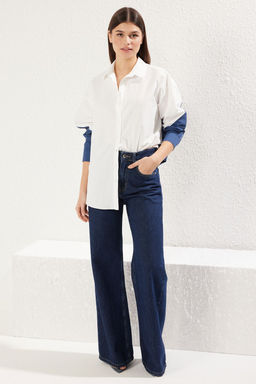 TRENDYOLMILLA Ekru Renk Bloklu Boyfriend Genis Kal?p Dokuma Gomlek TWOSS23GO00393  фото 2