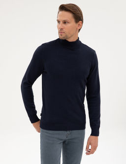 Lacivert Melanj Slim Fit Yar_m Bal_k__ Yaka Basic Triko Kazak