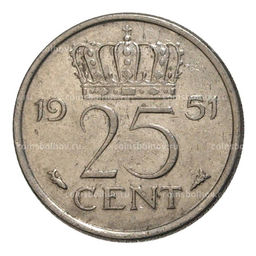 Монета 25 центов 1951 года Нидерланды