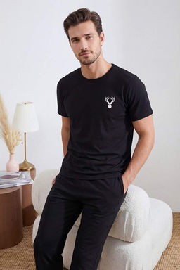 Siyah Regular Fit Bask_l_ K_sa Kol _rme Pijama Tak_m_ TMNSS25PT00040