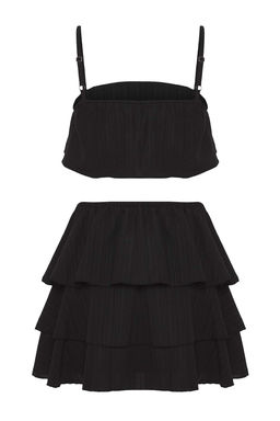 Siyah Dokuma F?rf?rl? %100 Pamuk Plaj Bluz-Etek Tak?m TBESS25AU00106