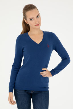 Женский базовый свитер цвета индиго с v-образным вырезом Неожиданная скидка в корзине