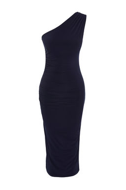 Lacivert Tek Omuzlu Drapeli Fitted/Vucuda Oturan Maxi Esnek Orme Midi Kalem Elbise TWOSS24EL00100