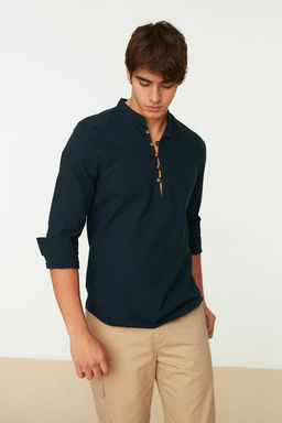 TRENDYOL MAN Mavi Slim Fit Yar?m Patl? Dugmeli Hakim Yaka Keten Gorunumlu Gomlek TMNSS20GO0097 - Trendyolmilla фото 23