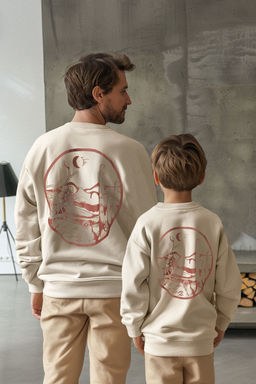 Bej Erkek Cocuk Baba Ogul S?rt Bask?l? Orme Mini Me Sweatshirt TKDAW25SW00063
