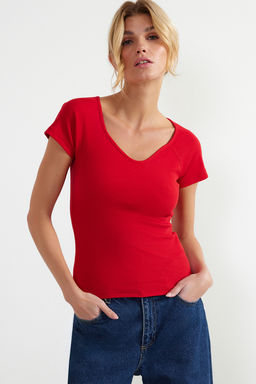 K?rm?z? Fitted/Vucuda Oturan Fitilli Pamuk Esnek Orme Bluz TWOSS21BZ0579
