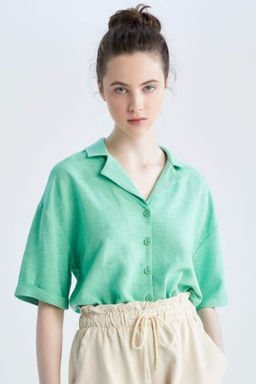 Relax Fit Ceket Yaka K?sa Kollu Keten Gomlek