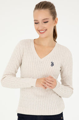Женский кремовый меланжевый базовый свитер с v-образным вырезом Неожиданная скидка в корзине - U.s. polo assn фото 3