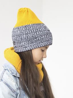 Шапка вязаная-резинка весенняя/осенняя (Горчица и Черный-белый меланж) КЭП - Jumbi фото 2