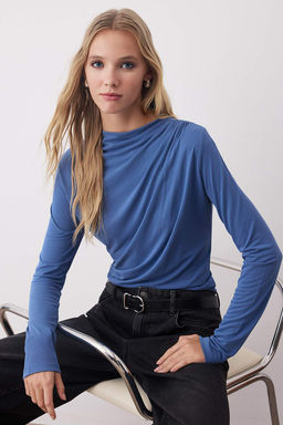 More Sustainable Indigo Modal Kumas Kay?k Yaka Drape/Buzgu Detayl? Orme Bluz TWOAW25BZ00281 - Trendyolmilla фото 2