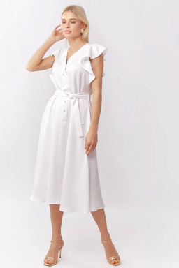 Платье отрезное по талии с рукавами-крылышками и струящейся юбкой из легкого тенселя в белом цвете - Serginnetti фото 3