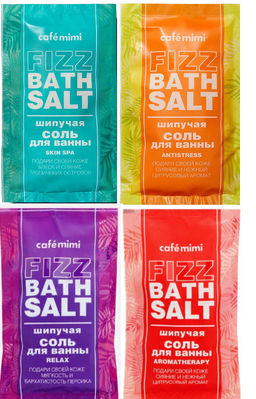 КМ caf?mimi Соль д/ванн Шипучая Ассорти: Relax,Antistress,Skin SPA,Aroma 100г.(20) / 516209 Акция !