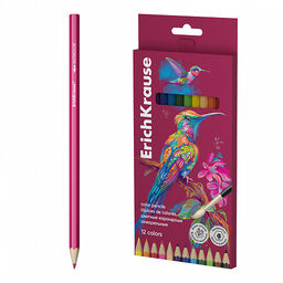 АКЦИЯ Цена за 12 шт. Акварельные карандаши деревянные ErichKrause Safari шестигранные, грифель 3,3 мм, 12 цветов с кисточкой (в коробке с европодвесом 12 шт)