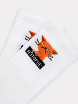 Цена за 5 пар! Носки женские белые с рисунком в виде котика и надписи "Аторак" белый 217K-2665