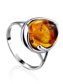 Нежное кольцо из серебра со вставкой из натурального балтийского янтаря золотисто-коньячного цвета Селена