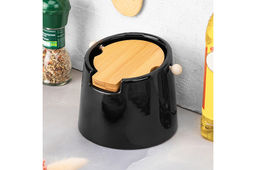 Банка для сыпучих продуктов 700 мл 14,5*13,5*11,5 см "Черная" + откидная бамбук.крышка, керамика