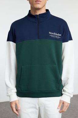 Zumrut Yesili Oversize/Genis Kesim Renk Blok Dik Yaka Fermuarl? Sardonsuz Sweatshirt TMNAW25SW00052