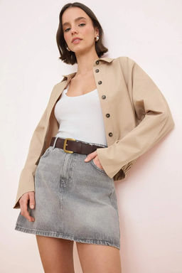 Bej Dugmeli Beli Lastikli Ince Mevsimlik Poplin Ceket TWOSS26CE00036 - Trendyolmilla фото 8