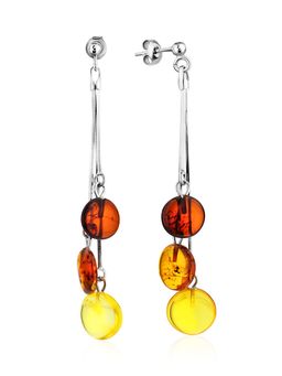 Легкие нарядные серьги из янтаря на замочках-гвоздиках Пуговки трехцветные на цепочке
