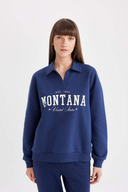 Толстая повседневная толстовка с принтом и вырезом поло Relax Fit - Defacto фото 3