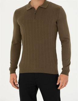 Koyu Haki Slim Fit Fermuarl_ Polo Yaka Triko Kazak
