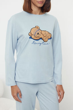 Trendyolmilla Mavi %"00 Pamuklu Ay?c?k ve Slogan Bask?l? Orme Pijama Tak?m? THMAW25PT00186
