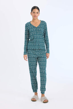 Fall in Love Y?lbas? Temal? Pijama Tak?m? Waffle Kumas Uzun Kollu Pijama Ustu Esnek Belli Uzun Pijama Alt? - Defacto фото 2