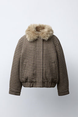 CHECKED BOMBER JACKET WITH FAUX FUR COLLAR
