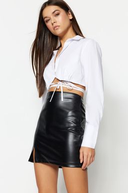 TRENDYOLMILLA Siyah Y?rtmac Detayl? Vucuda Oturan Yuksek Bel Suni Deri Mini Etek TWOSS23ET00118  фото 2