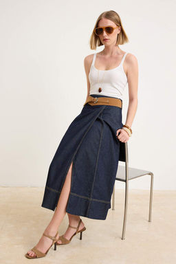 Lacivert Kemerli Kruvaze Maxi Denim Etek TWOSS26ET00201 - Trendyolmilla фото 2