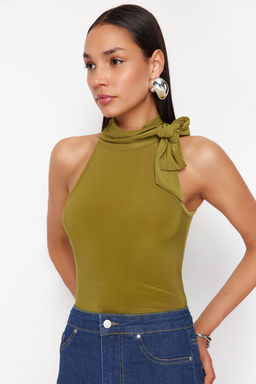 Trendyolmilla Yag Yesil Fular Baglama Detayl? Regular/Normal Kal?p Esnek Orme Bluz TWOSS24BZ00635  фото 3
